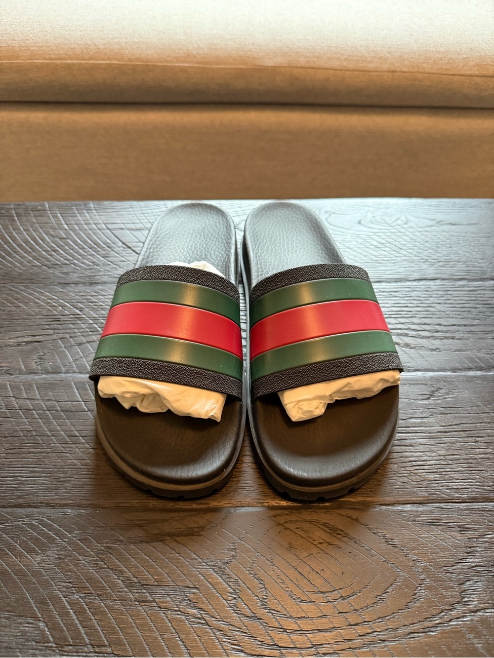 Gucci Black Slides with Red and Green Web Stripe